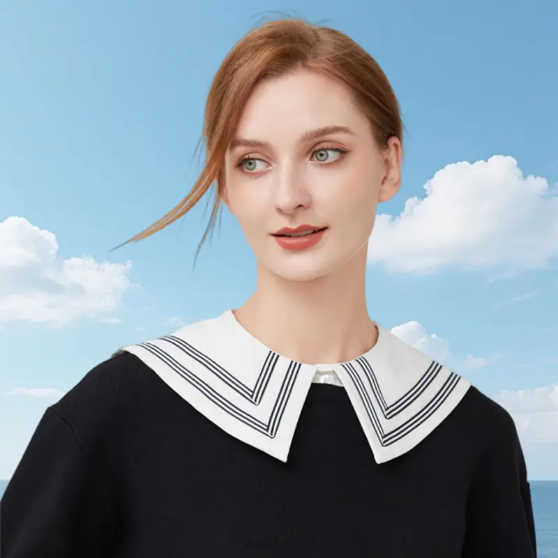 Nautical Style Lady's Pointed Collar: High-end temperament with black-and-white striped collegiate vibe, suitable for versatile outfits in campus and daily streetwear
