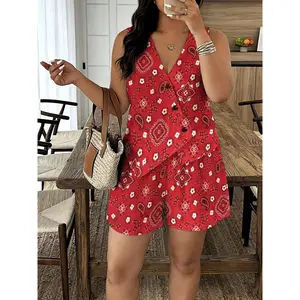 2026 Summer Womens Red Paisley Print V Neck Button Front Sleeveless Vest And Shorts Set Soft Breathable Linen Blend Fabric Loose Fit Boho Western Casual Two Piece Outfit