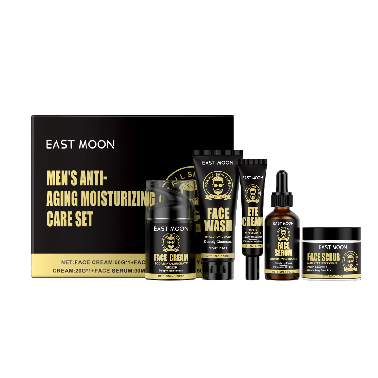 East Moon 5-Piece Men's Skin Care Set with Face Wash, Face Cream, Eye Cream, Face Serum and Face Scrub
