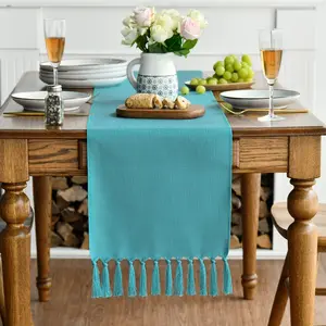 Teal Tassel Linen-Blend Table Runner, 13x72 in - Farmhouse Rustic Kitchen Table Decoration for Winter