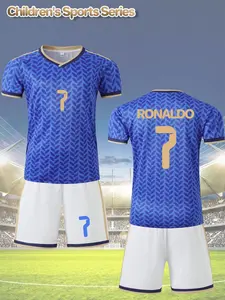 2-piece quick-drying football set, Football uniform, for boys with blue leaf pattern, featuring gold number 7 and name RONALDO, including a football jersey and moisture-wicking shorts, suitable for training, matches and outdoor activities