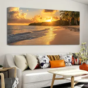 【Enchanting View】Large Modern Seascape Canvas Art, Pine Frame - Tropical Palm Tree Sunset Oil Painting, 1.5 Inch Thick Wrap Frame, Vibrant Beach Wall Decor For Living Room, Bedroom Or Home Office, Beach Theme Decor
