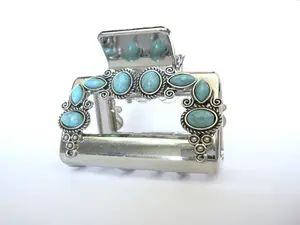 Hair claw clip turquoise blue stones south western design metal rectangle shape