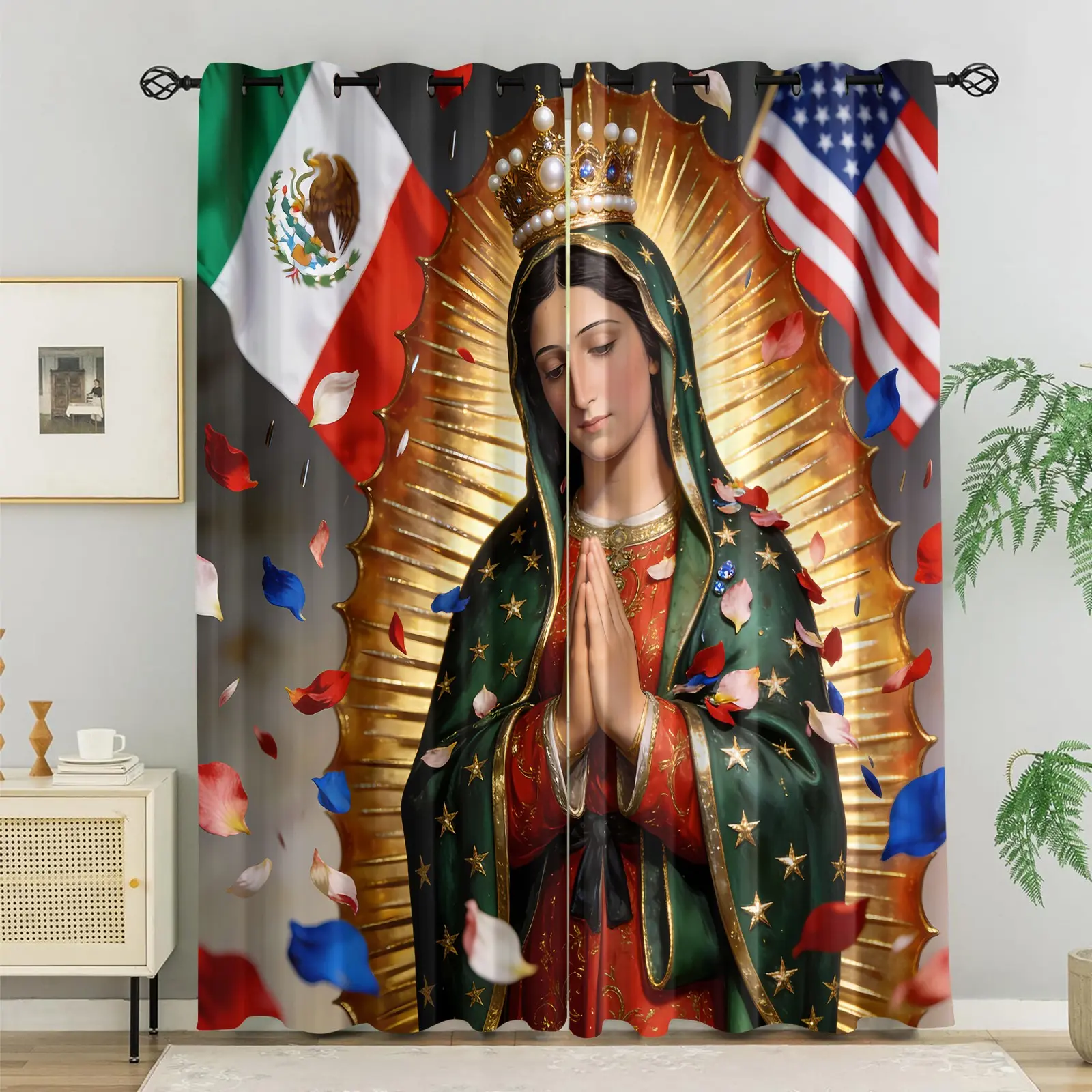 Our Lady of Guadalupe Curtains for Living Room,Mexican & US Flag Print Window Curtains,Sacred Religious Blackout Curtains for Bedroom,Spiritual Home Decor,Ideal Gift for Latino Catholic Faithful & Heritage Enthusiasts