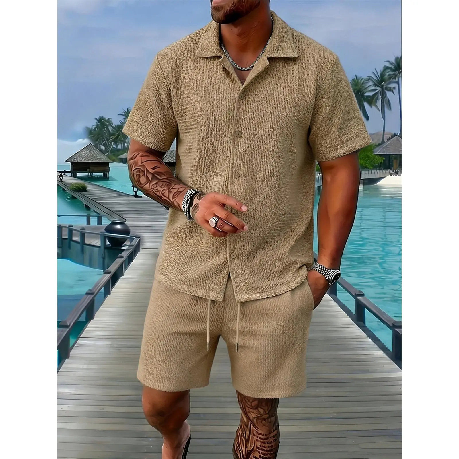 Luxury Men's Designer Resort Wear 2 Piece Set, Waffle Knit Cuban Collar Button Down Shirt + Drawstring Casual Shorts, Premium Soft Breathable Summer Outfit for Hawaiian Beach, Pool Party, Vacation, Y2K Streetwear, Unisex Sizes S-XXXL