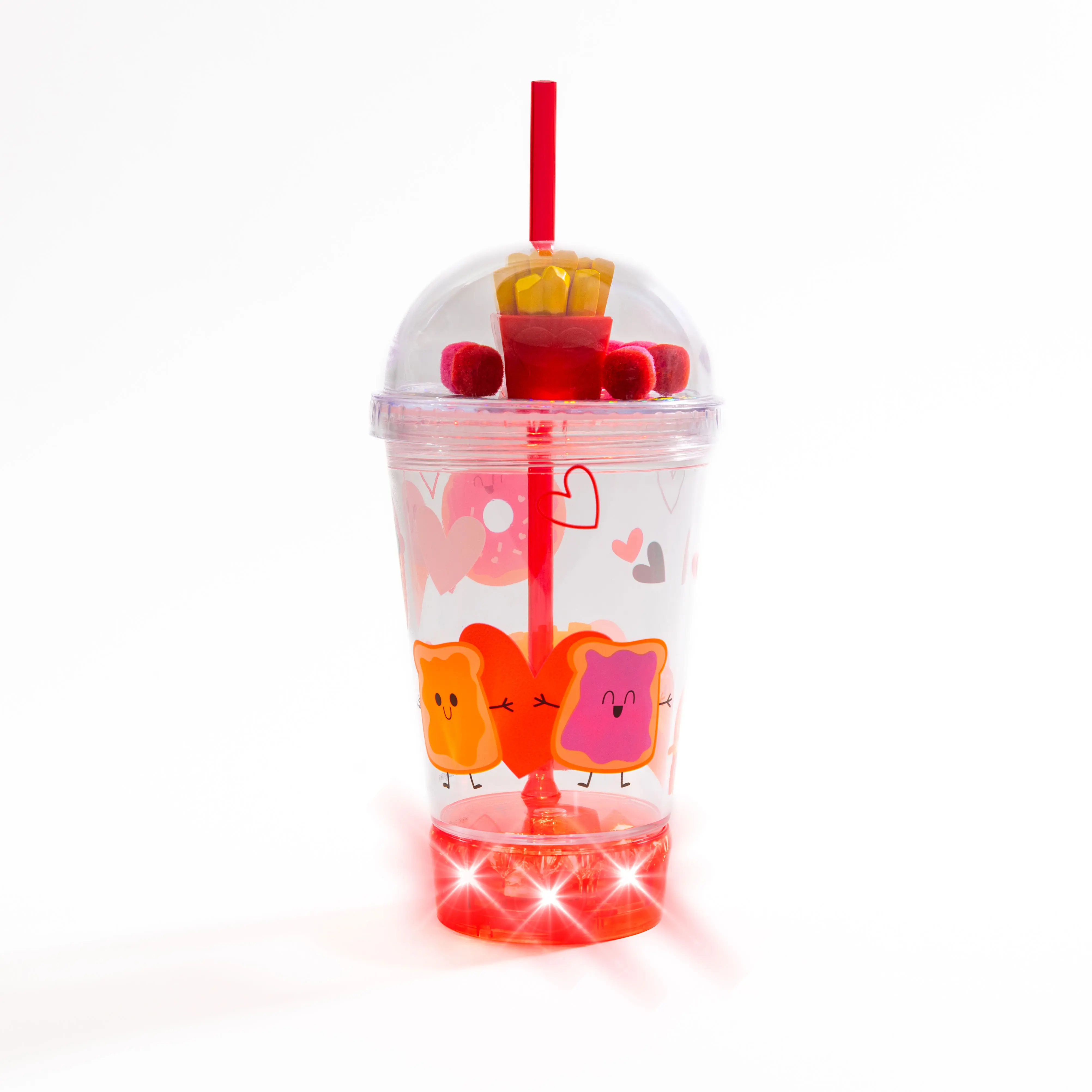 Light-Up Dome Cup for Kids, LED Reusable Party Cup with Dome Lid, BFF & Pom Pom Hearts Design, Party Favor, Birthday Gift, Valentine's Day Gift