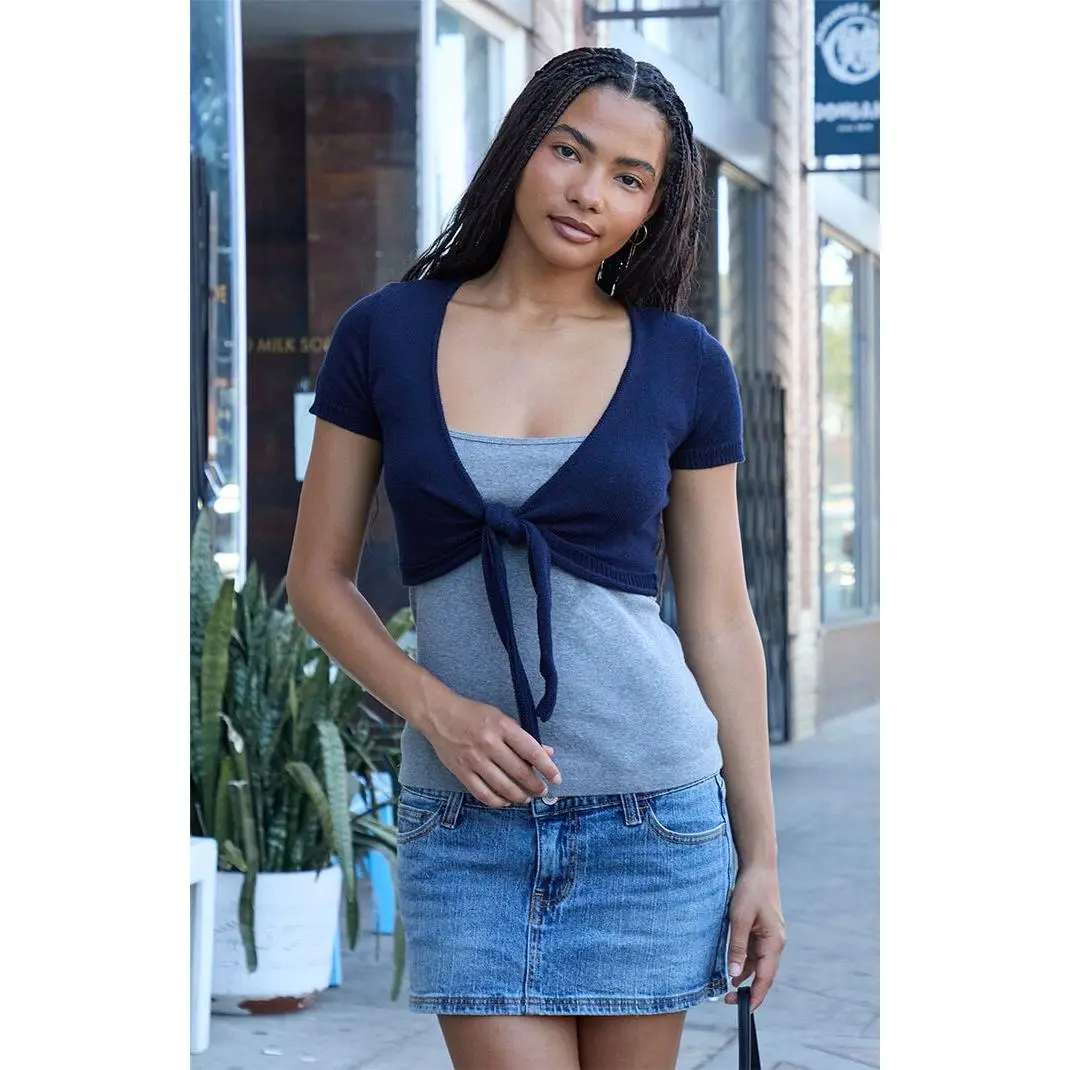 John Galt Women's Blue Tie Front Sweater Top
