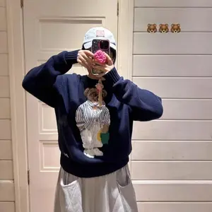 2025 Men and Women Knitted Embroidered Bear Heavy Craft Woven Flower Round Neck Long Sleeve Pullover Loose Fit Halloween......