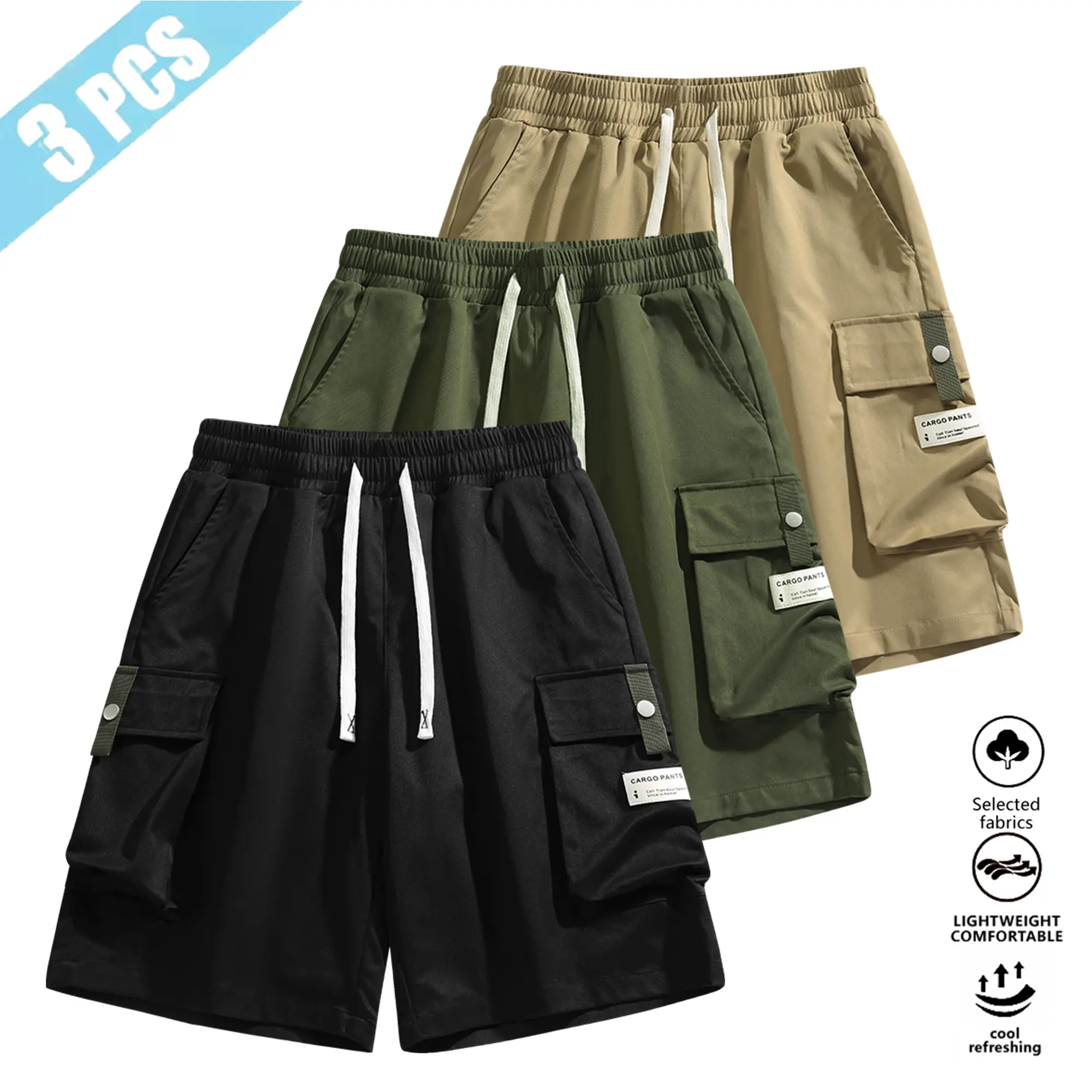 Men’s Summer Cargo Shorts, 3-Pack, Elastic Waist Drawstring, Large Pockets, Short Length, Outdoor Casual Pants with 3D Pockets Beige essential shorts shorts for the summer shorts for summer short shorts