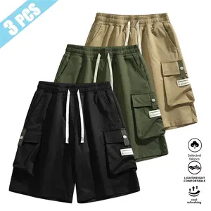 Men’s Summer Cargo Shorts, 3-Pack, Elastic Waist Drawstring, Large Pockets, Short Length, Outdoor Casual Pants with 3D Pockets Beige essential shorts shorts for the summer shorts for summer short shorts