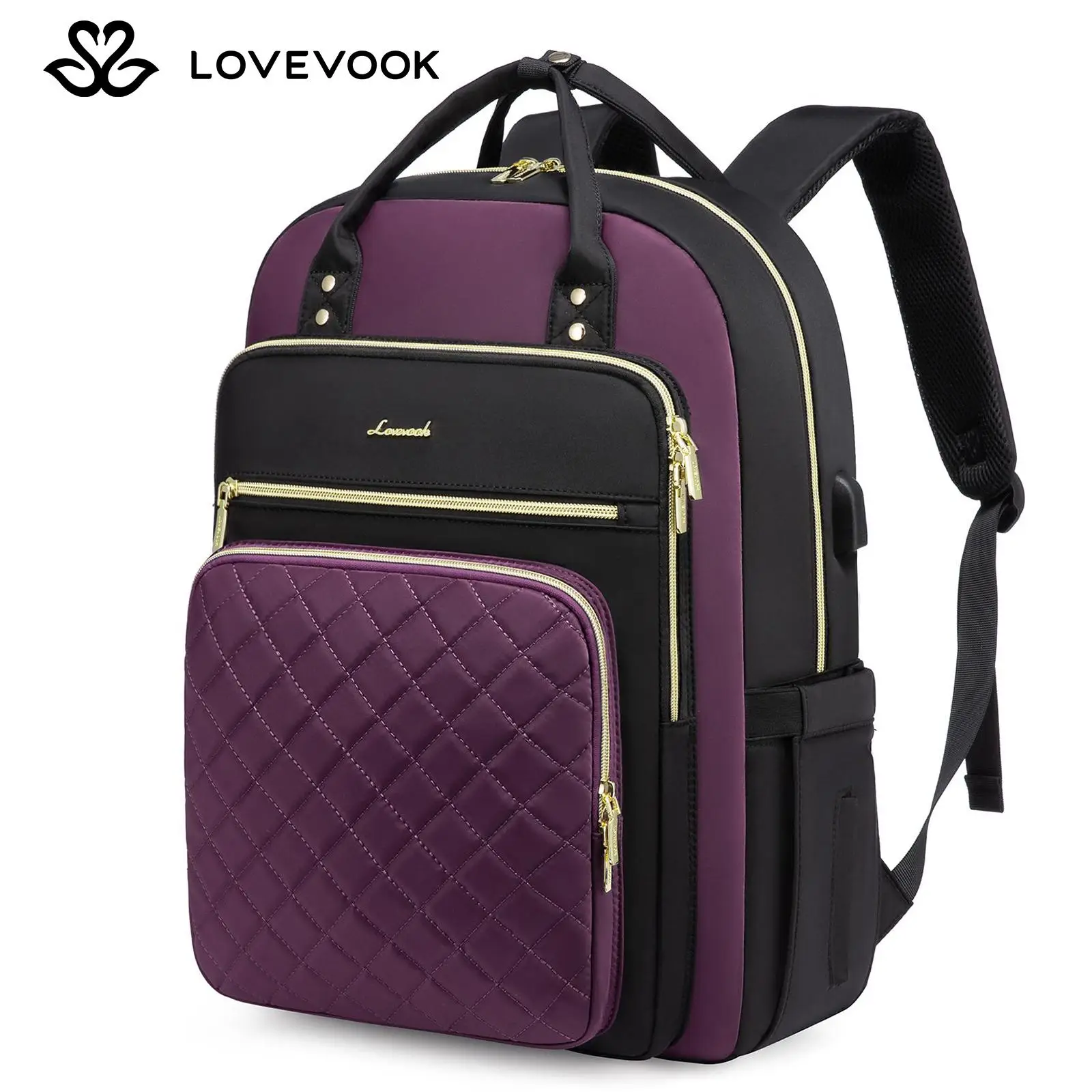LOVEVOOK Laptop Backpack with USB Port,Multi-Compartment Laptop Bag for College, Nursing, Travel, Quilted Work Bags for Women,Color-Block Carry On Bac
