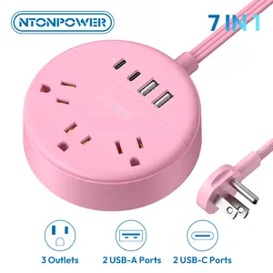 Power Strip with USB Ports NTONPOWER Flat Extension Cord 5 Ft/10 ft/15 ft/25 ft Flat Plug Power Strip Flat Cord with 3 AC Outlet & 2 USB C + 2 USB A for Home Office Nightstand Cruise Ship Black White Pink