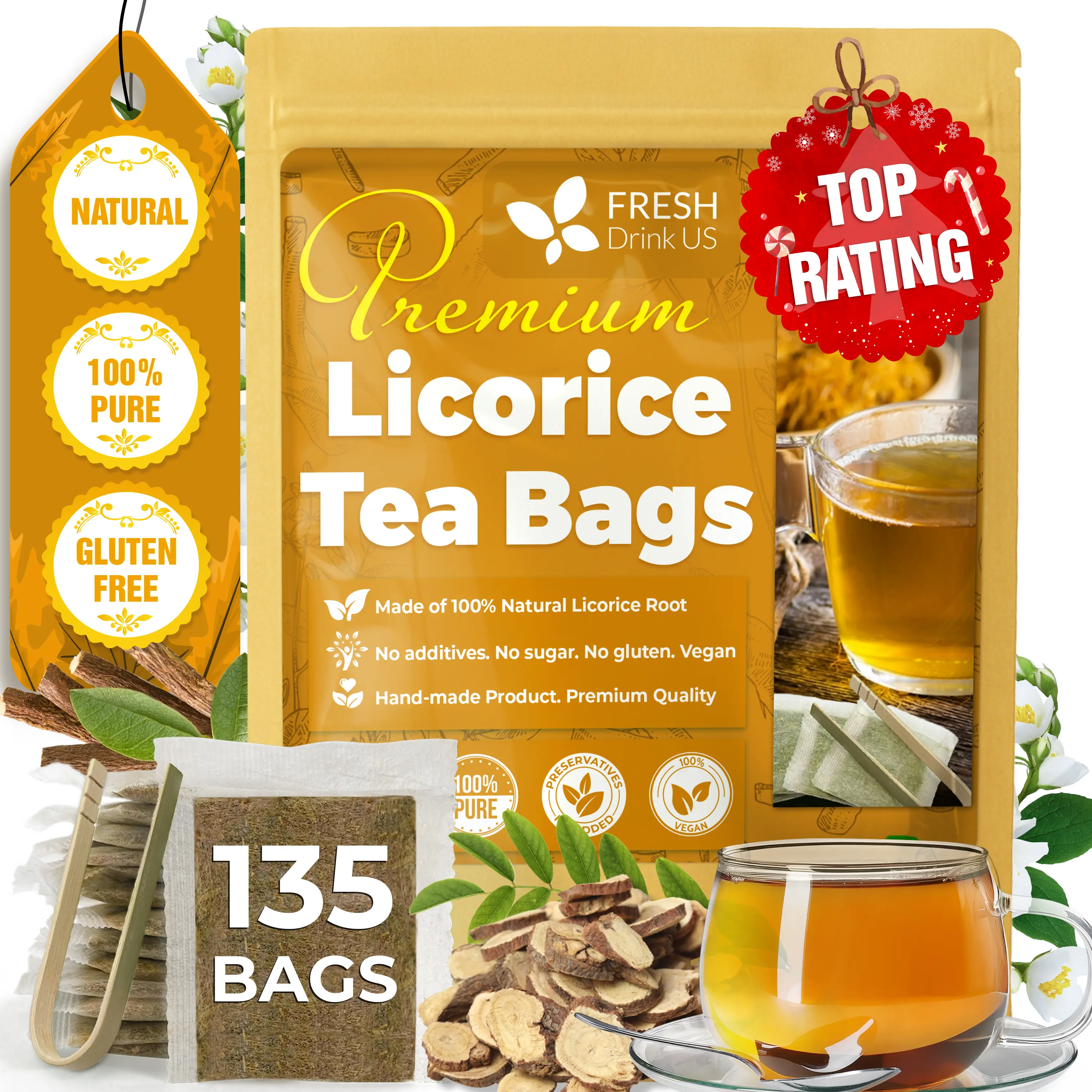 Premium 135 Licorice Tea Bags, 100% Natural & Pure from Licorice Root, Warming and Natural Sweet, Licorice Herbal Tea, Eco-Conscious Tea Bags, No Additives, No Caffeine, Vegan Beverage