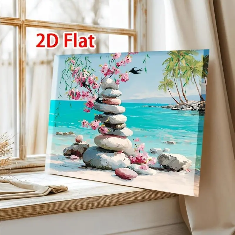 2D Flat Framed Canvas Decorative Wall Art - Layered Pebble Design, Minimalist Modern Style, Neutral Pebble Wood Wrap-Around Frame, Home Decor for Easter, Living Room Supplies