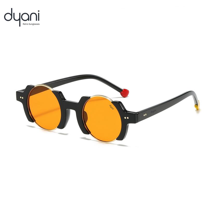 Dyani The Orbit Retro Sunglasses - Round Gold Gradient Lenses & Black Polycarbonate Frame with Red & Gold Temple Tips UV400 Protection Unisex Design