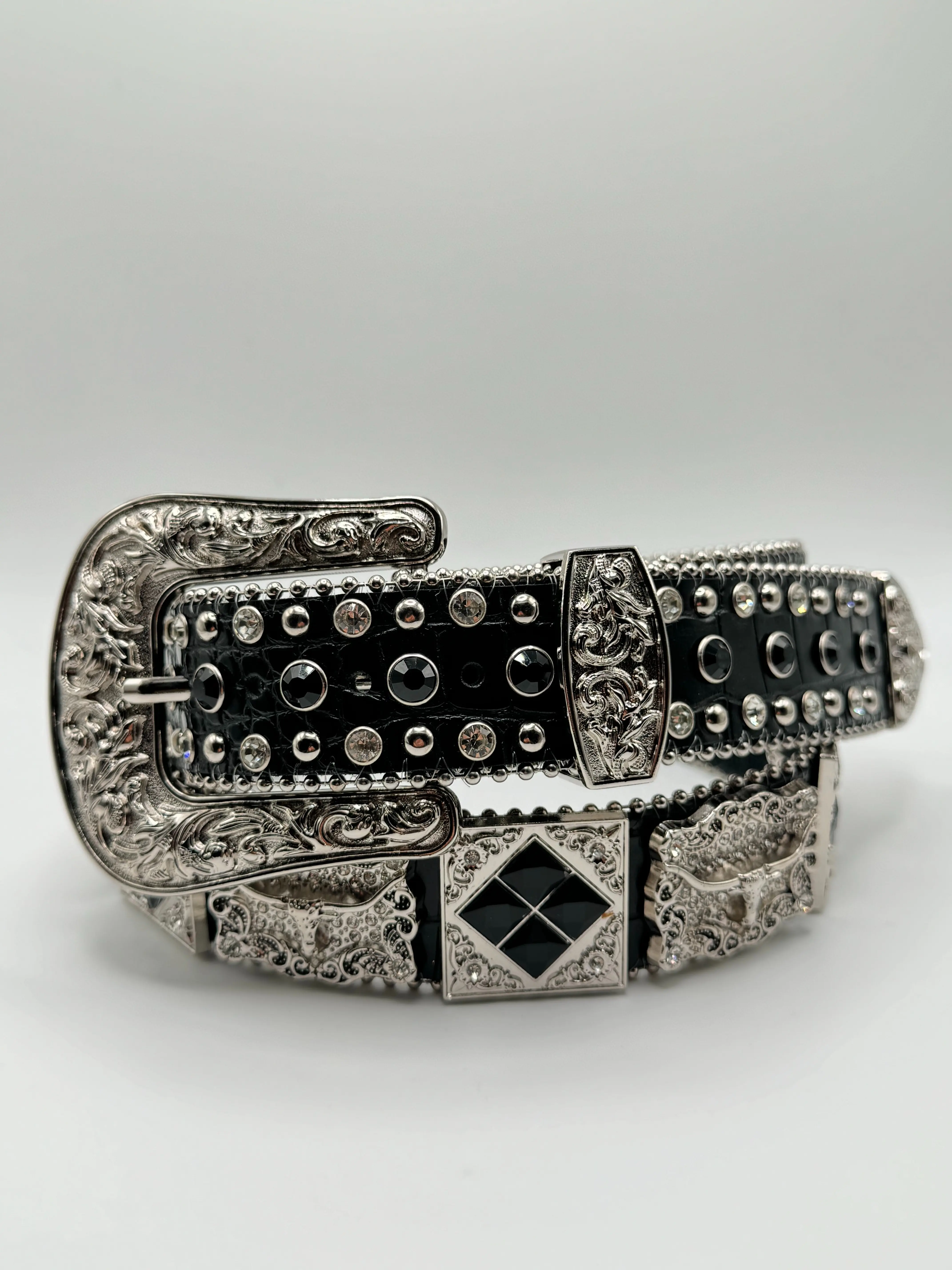 Longhorn Belt - Black Concho with Rhinestones