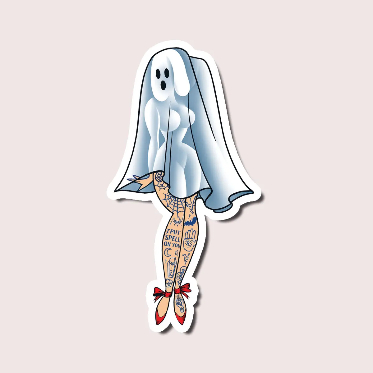 Spooky Ghost Pin Up Sticker Retro Halloween Girl Tattoo Design Creepy Cute Vinyl Decal for Laptops Bottles Scrapbook 2x2inch