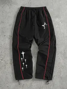 Men's Star Print Athleisure Pants with Lines, Spring Autumn Quick Dry Breathable Trousers, Drawstring Elastic Waist Sporty Sweatpants with Adjustable Cuffs and 2 Side Pockets