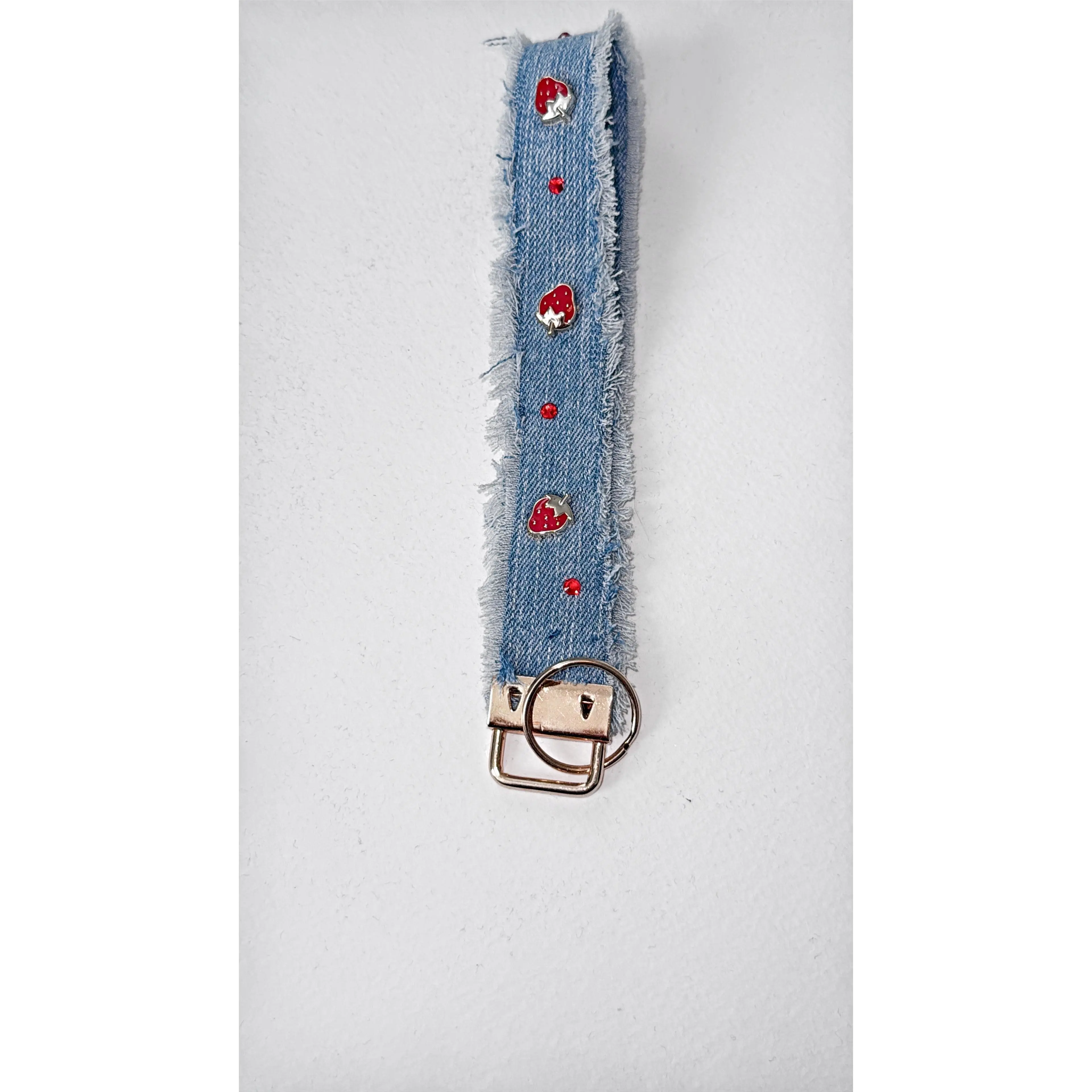 Wristlet keychain - light denim w/ strawberry charms and red rhinestone