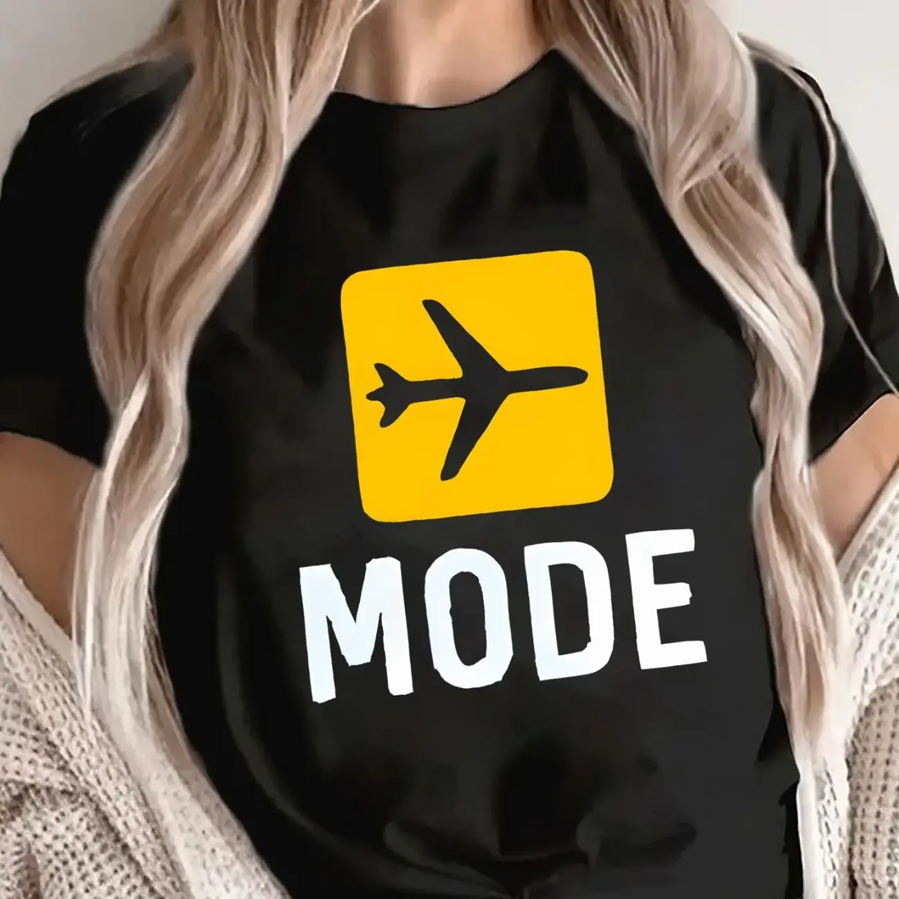 Short Sleeve T‑Shirt with Airplane Mode Graphic for Travel Casual Wear in Restaurant Or Home, Text Design on Base for Everyday Use