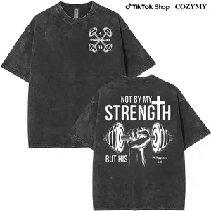 vintage Unisex heavyweight 230g pure cotton T-shirt - 'Not by my strength, but by His' double-sided printed cross and dumbbell pattern,