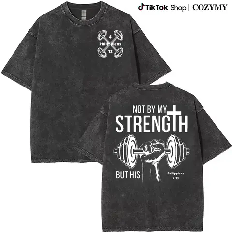 vintage Unisex heavyweight 230g pure cotton T-shirt - 'Not by my strength, but by His' double-sided printed cross and dumbbell pattern,