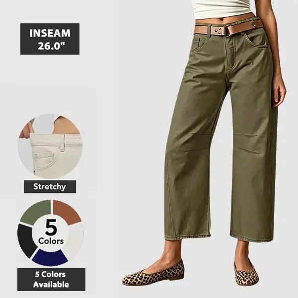 Flamingals Solid Stitch Detail Mid Waist Crop Baby Barrel Pants Without Belt Casual