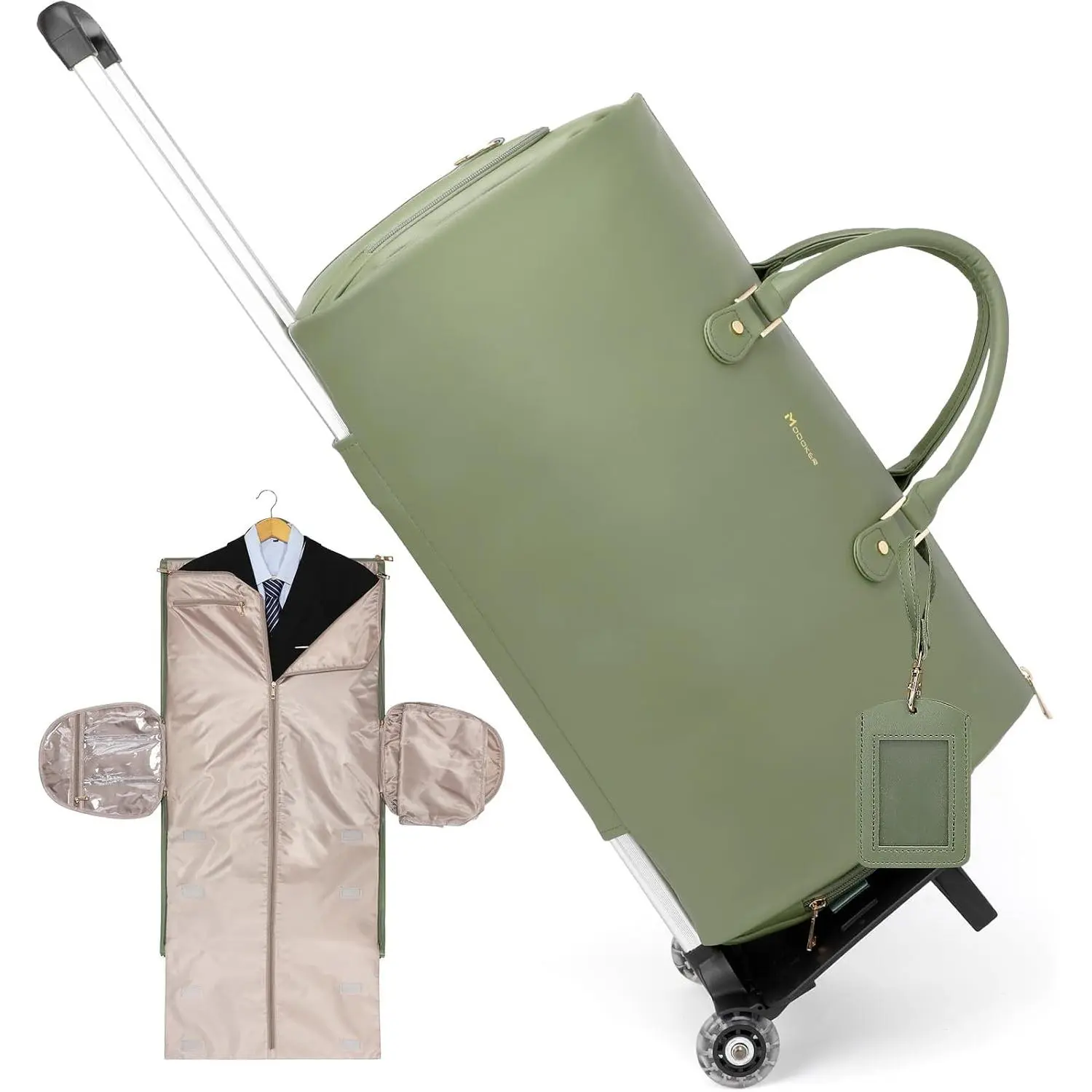 Modoker Rolling Garment Bags with Wheels, Luggage Organizer, Women Garment Duffel Bag for Travel, PU Leather Convertible Garment Bag with Trollery Suit Luggage Bag