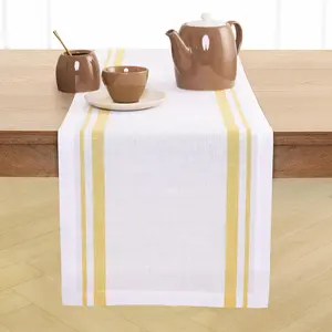 Linen Table Runner 90 Inches Long - French Stripe, 100% Pure Linen Yellow and White Farmhouse Table Runner 14 x 90 Inch Ideal for Dining, Spring, Summer, Mothers Day