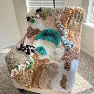 Handmade Moss Rug 3D Latch Hook Rug Organic Home Decor 46x31 inch Multicolor Textured Design