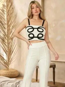 TWO PIECE SETS - CIRCULAR COTTON LOOP PATTERN ON TOP - THICK COTTON ADJUSTABLE PATTERN STRAPS - CROP TOP - FLARE PANTS - ZIPPER ON THE BACK