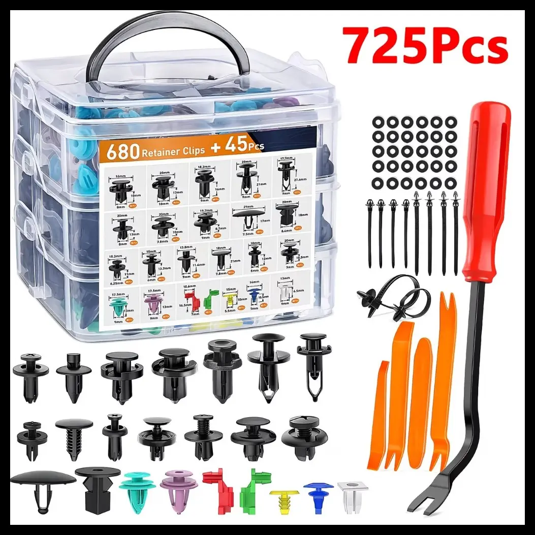 725Pcs Car Clip Retainer and Fastener Kit, Durable Nylon Rivets, Cable Ties, Push Pins, and Plastic Parts with Removal Tools, Suitable for Body Panels, Fenders, Bumpers - Universal Automotive Car Accessories, Car Clips Kit for Various Vehicle Models