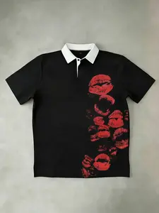 Contrast Collar Lip Print Polo Shirt | Red Kiss Mark Graphic Rugby Polo | Short Sleeve Edgy Streetwear Tops | Classic Black Preppy Style Polo for Men & Women | Y2K Romantic & Bold Aesthetic