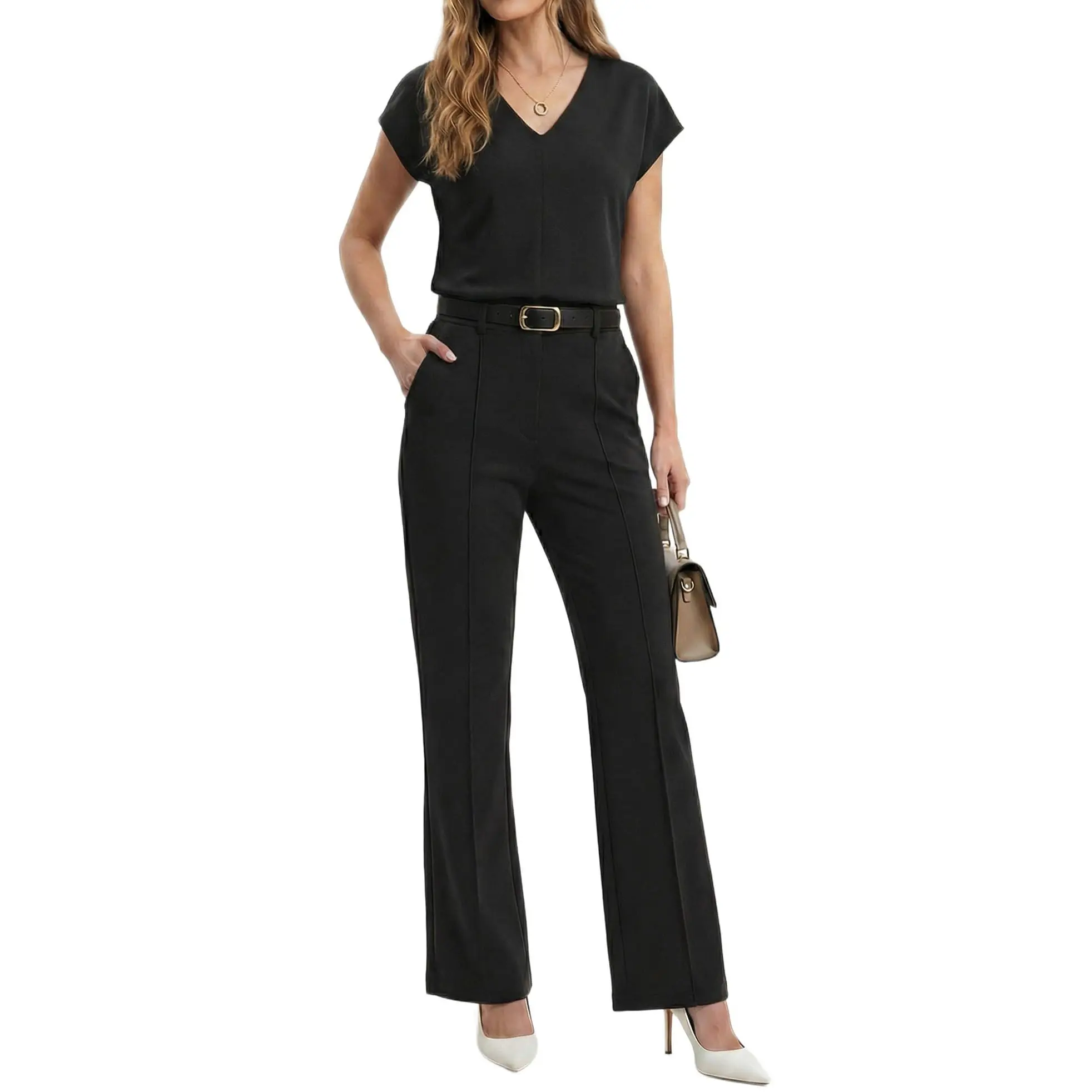 GRECERELLE 2026 Women's Spring & Summer Casual 2 Piece Set : V-Neck Top & Wrinkle-Free Pants With Pockets
