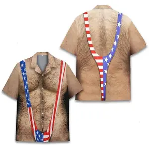 American Flag Funny Hawaiian Shirt Men, Patriotic Chest Hair Illusion Aloha Shirt, 4th of July Button Up, Hilarious Independence Party Outfit