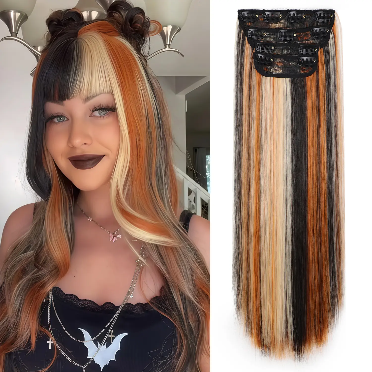 Women's Colorful Clip-in 20In 4PCS Hair Extensions, Thick Synthetic Hairpieces, Long Straight/Wavy Double Weft Fiber, White Black Mix Dark Brown Calico, Adds Volume, Less Prone to Tangles, Simple Care & Maintenance for Daily Use,sohochic
