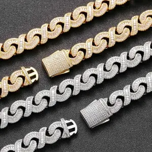 Hip hop necklace set featuring an 8-shaped chain (T-square), 12 mm infinite chain, and a zircon Cuban chain; hip hop street-style personality necklace for men