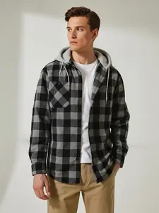 Men's Flannel Button-Up Shirt, Fashion Plaid Long Sleeve Casual Hooded Tie Knot Shirt, Regular Fit, Stylish and Comfortable