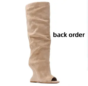 AMINUGAL Open Toe Wedge Boots Suede Knee High Slouchy Pull On Tall Inverted Wedge Heel Boots for Women Girl Elegant Comfortable Walking Shoes Footwear