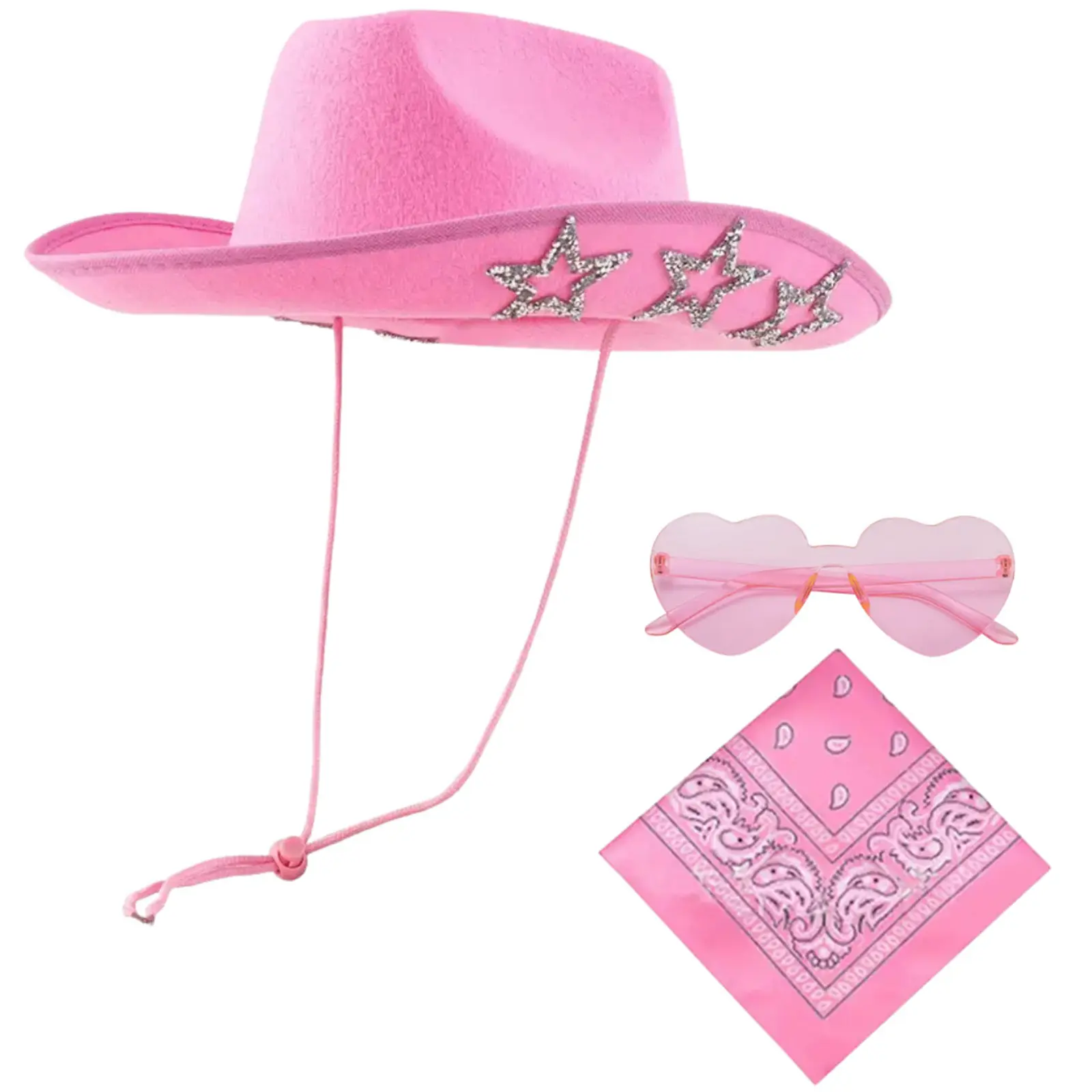 OIDEA 3-Piece Pink Cowgirl Hat Set for Women - Western Cowboy Hat with Rhinestone Star, Heart Sunglasses & Paisley Bandana - Comfortable Accessories for Festivals & Parties, Casual Trendy Hat