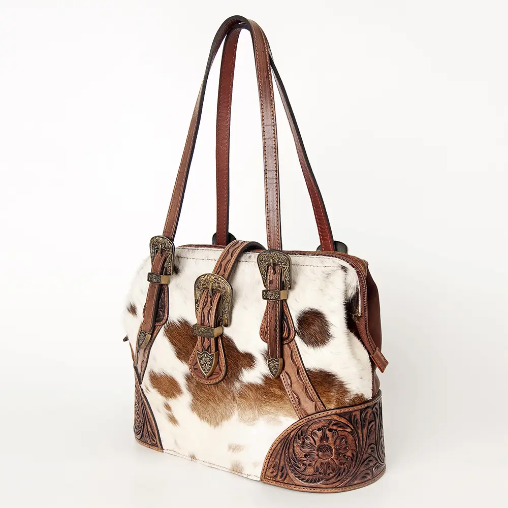 American Darling Tote Bag, Hand-Tooled Floral Western Leather Purse, Hair-On Cowhide Pattern, 10in (H) X 15in (W) X 5.5in (D)