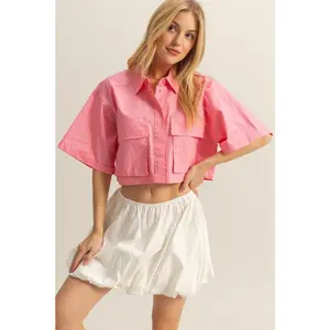 Lenalux Front Pockets Poplin Collared Neck Crop Shirt varsity jacket #ultrafashioned oversized