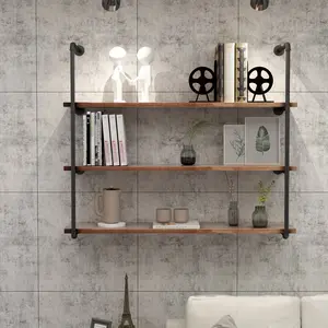 Home Essentials Industrial Wall Mounted Pipe Shelving, Rustic Metal Floating Shelves, Steampunk Real Wood Bookcases, DIY Bookshelf Hanging Shelves, Farmhouse Kitchen Bar Office Home Storage (4-Tier with 3 Boards, 48in)