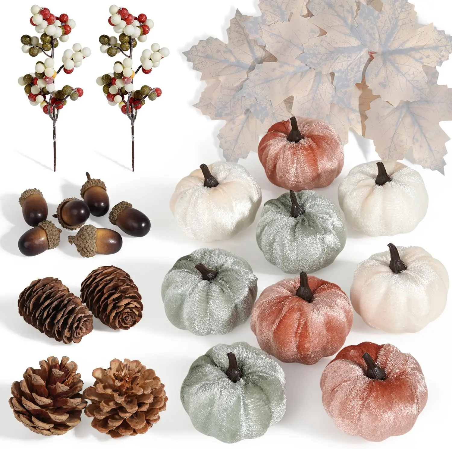 25 count Pumpkin Decor Set, Artificial Fabric Pumpkins Decor with Acorns, Pinecones, Berries, Maple Leaves for Fall Halloween Thanksgiving Decorations  Table