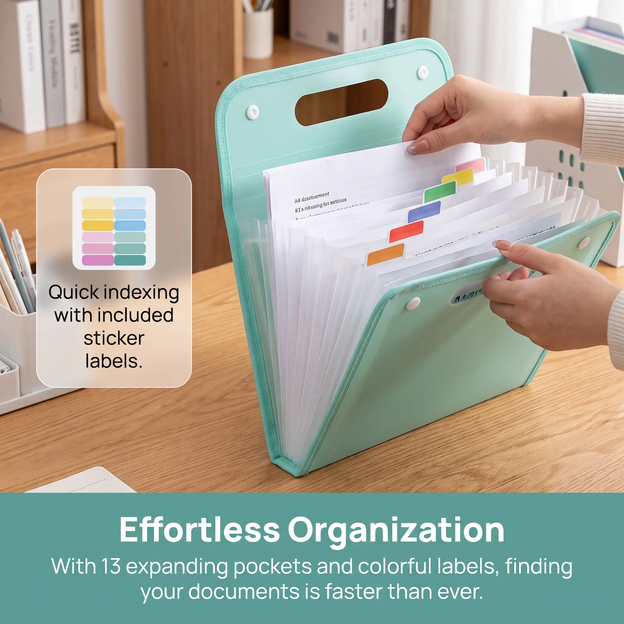 13-Pocket Expanding File Folder with Handle, Portable Accordion Document Organizer for A4 Paper, Removable Colorful Index Labels, Mint Green