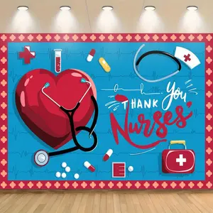 Reusable "Thank You Nurses" Photo Booth Backdrop, 229.87x179.32x68in Polyester Medical Banner with Colorful Hearts-Stethoscope Print, Ideal for Nurse Week Celebrations-Birthday Parties, Heal-Focused Home Party Supply
