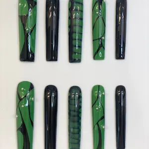 [OM1082] Green Hand Painted  Long Squar Press On Nails For Girls