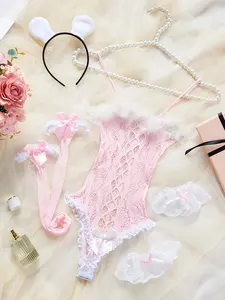 Ladies' Sexy Rabbit Girl Lingerie Set, Four-Piece Lace Uniform, Sensual Mesh Underwear, Plus Size Erotic Clothing, Sheer Panty Set