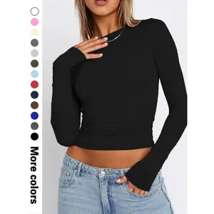 Women's Solid Long Sleeve Round Neck Crop Tee, Casual Basic Crew Neck Skinny T-shirt for Daily Wear, Ladies Clothes for All Seasons, Fall Tops, Tops for Women, Womenswear, Tshirt Streetwear Summer