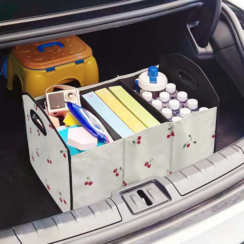 Cherry Blossom Print Multi-Functional Car Storage Box, Foldable Trunk Organizer with Dividers, Automotive Cargo Holder